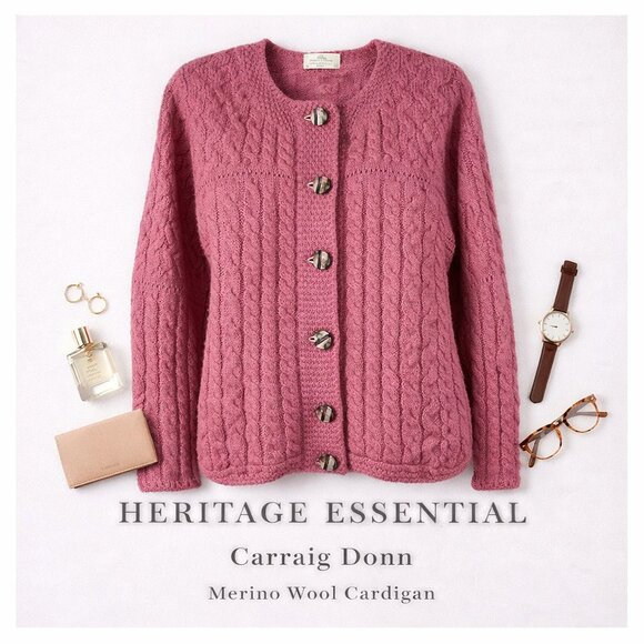 Carraig Donn Sweaters - Carraig Donn Merino Wool Cardigan Pink Cable Knit • Preppy Classic Ireland • M
